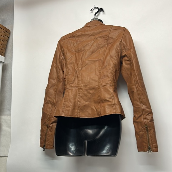 Women's Tan Leather Jacket Moto Jacket Size S - Picture 5 of 8